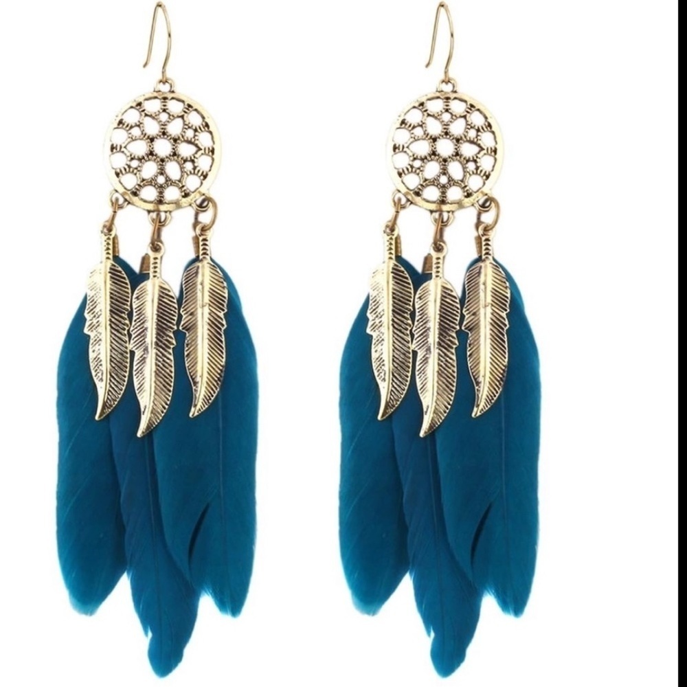 Dream catcher dangle earrings. Teal under light (see pictures) 4.5 inches size. - Picture 3 of 13